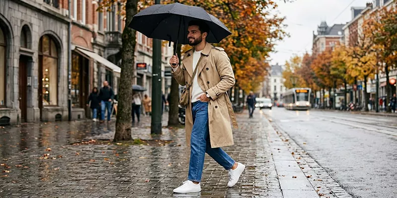 1. ترکیب بارانی بلند با کتونی های سفید مینیمال